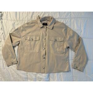 T Tahari Faux Leather Shacket Jacket Shirt Cream Beige Pockets Women's Large